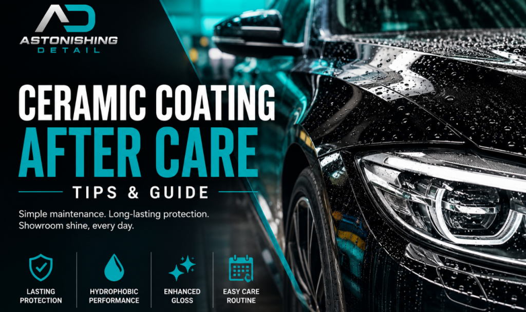 Ceramic coating after care infographic showing maintenance tips, washing timeline, drying methods, products to avoid, and ceramic coating protection benefits for vehicles by Astonishing Detail.