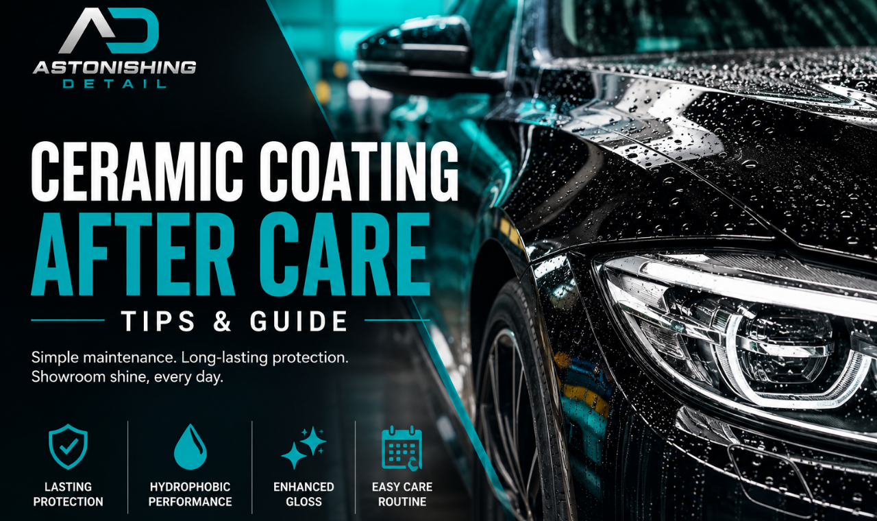 Ceramic coating after care infographic showing maintenance tips, washing timeline, drying methods, products to avoid, and ceramic coating protection benefits for vehicles by Astonishing Detail.