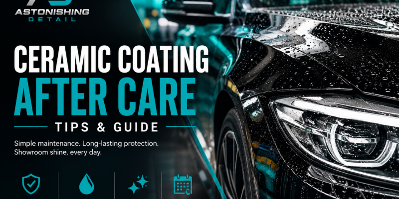Ceramic coating after care infographic showing maintenance tips, washing timeline, drying methods, products to avoid, and ceramic coating protection benefits for vehicles by Astonishing Detail.